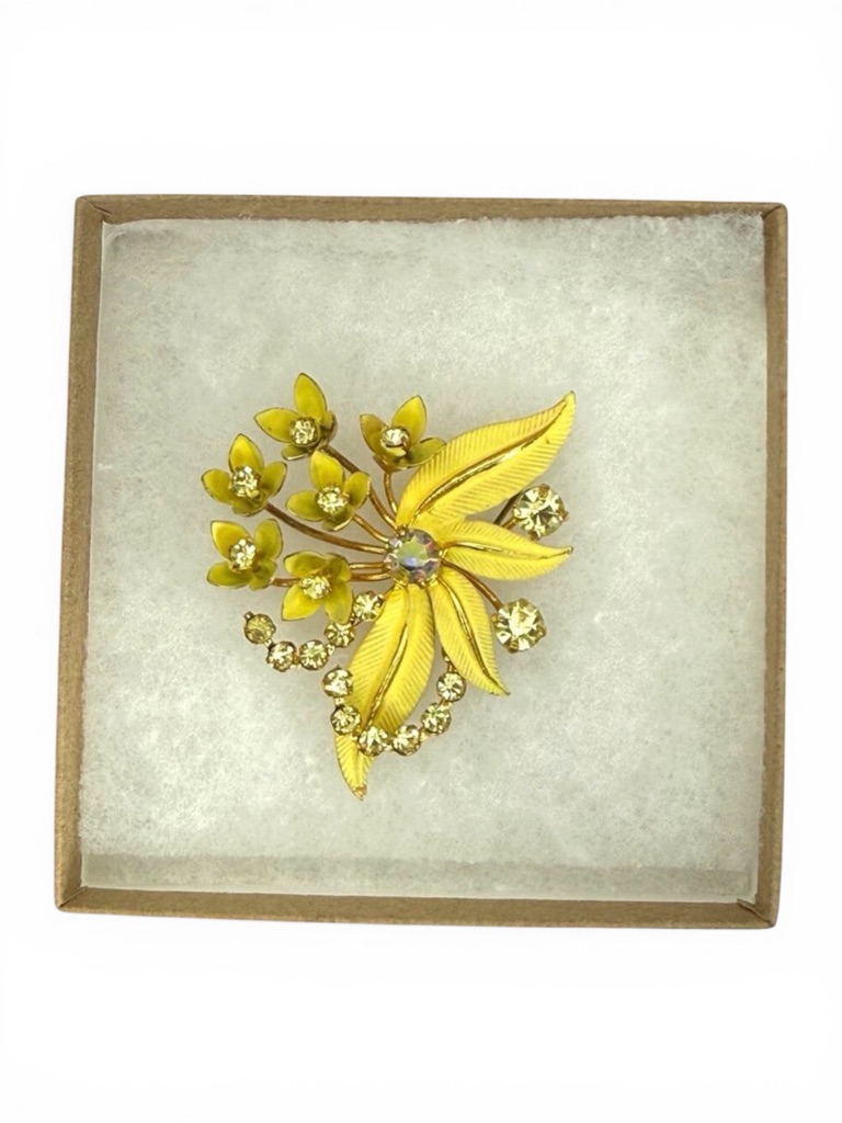 Vintage Austria Floral Rhinestone Brooch Gold Tone Spray Aurora Borealis Mid
